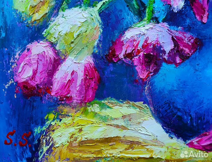 Картина маслом Тюльпаны букет цветов в вазе 40х30