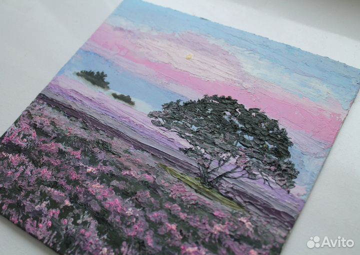 Картина маслом Лавандовое поле 20х20 см