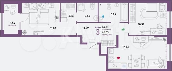 3-к. квартира, 64,3 м², 4/13 эт.
