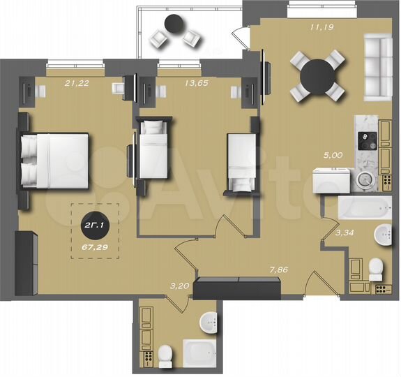 2-к. квартира, 67,3 м², 19/22 эт.