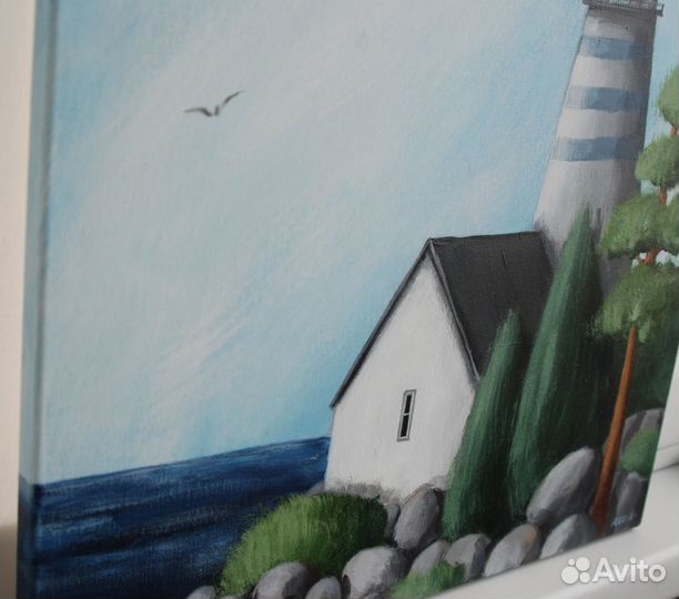 Картина с маяком и домом,40х40,акрил, холст