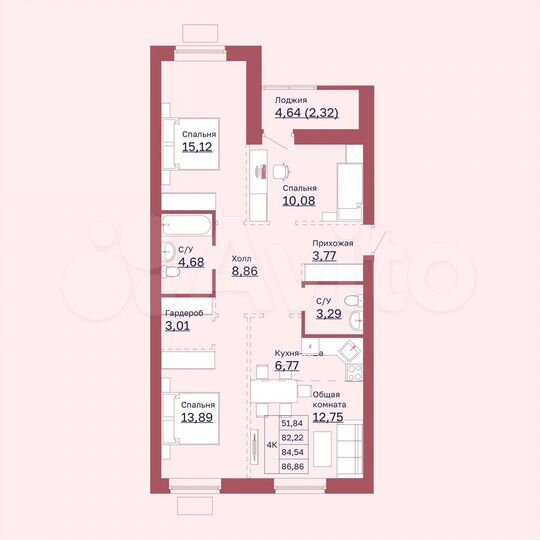 4-к. квартира, 84,5 м², 2/6 эт.