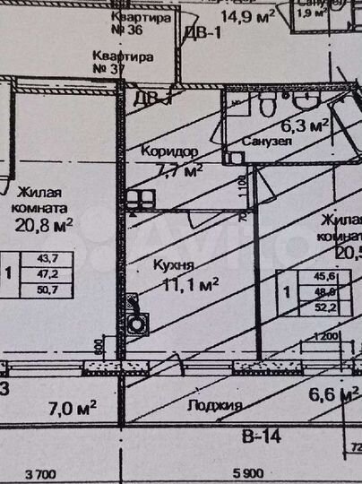 1-к. квартира, 52 м², 7/14 эт.