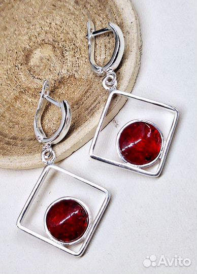 Серебряные серьги с натуральным янтарём
