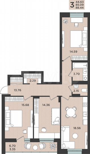 3-к. квартира, 88,4 м², 3/14 эт.