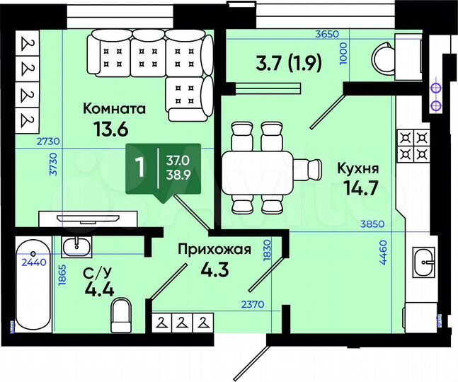 1-к. квартира, 38,9 м², 2/3 эт.