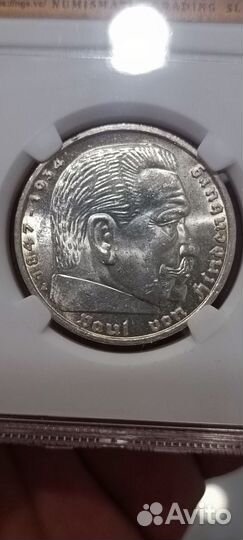 5 марок, 2 марки 1939 Гинденбург, ms 65