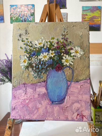 Картина маслом полевые цветы в вазе