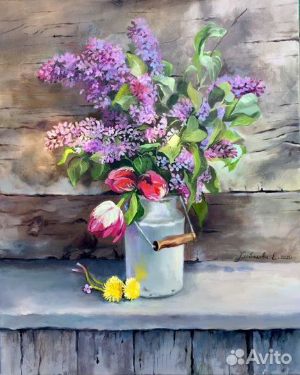 Сирень, тюльпаны, цветы картина маслом