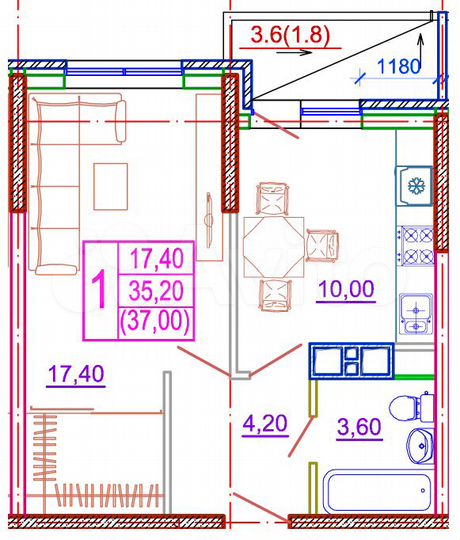 1-к. квартира, 37 м², 5/9 эт.