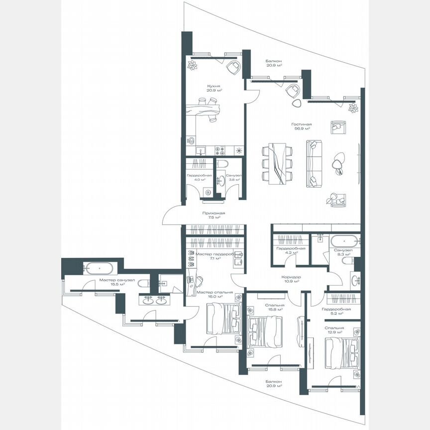 3-к. квартира, 201,6 м², 3/11 эт.