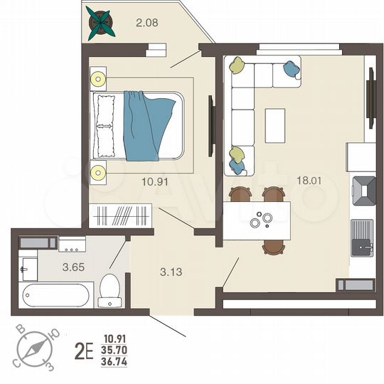 1-к. квартира, 36,7 м², 3/18 эт.