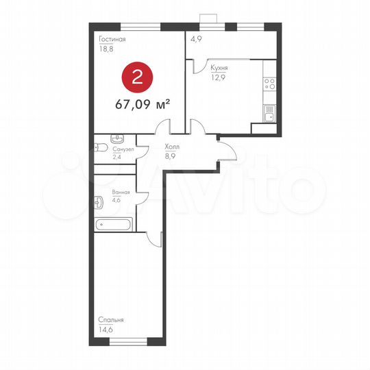 2-к. квартира, 67,1 м², 4/19 эт.