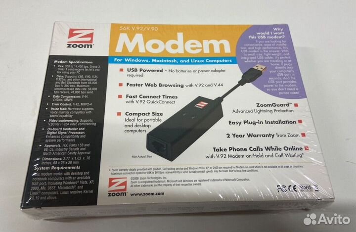 Внешний USB Fax Modem 56K Zoom US Robotics новый
