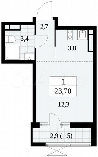 Квартира-студия, 23,7 м², 9/15 эт.