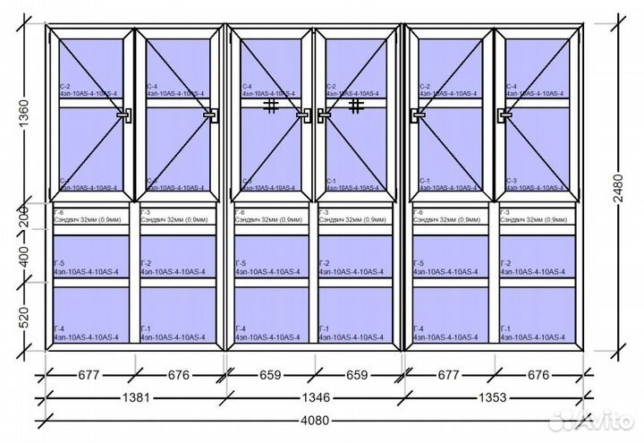 Окно новое 4080х2480мм
