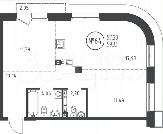2-к. квартира, 59,3 м², 9/10 эт.