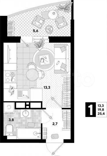 Квартира-студия, 25,4 м², 11/16 эт.
