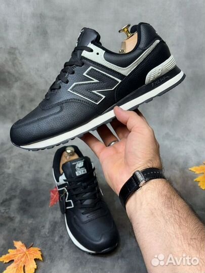 Мужские чёрные кожаные кроссовки New Balance 574