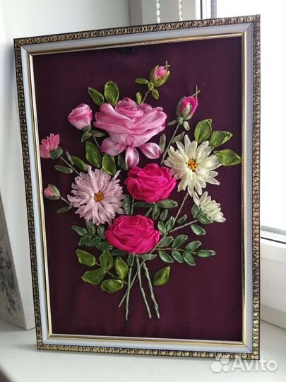 Розы в подарок- вышивка лентами