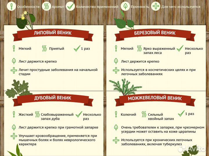 Веники для бани. Береза Эвкалипт Дуб Пихта Липа