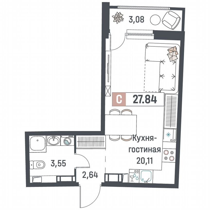 Квартира-студия, 27,8 м², 8/18 эт.
