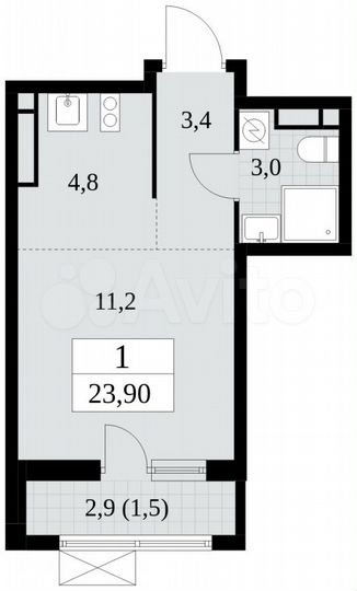 Квартира-студия, 23,9 м², 12/16 эт.