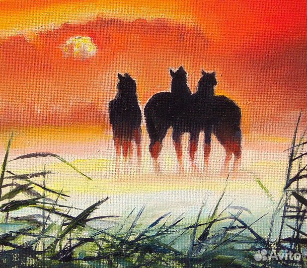 Картина маслом. Лошадки на рассвете. Пейзаж