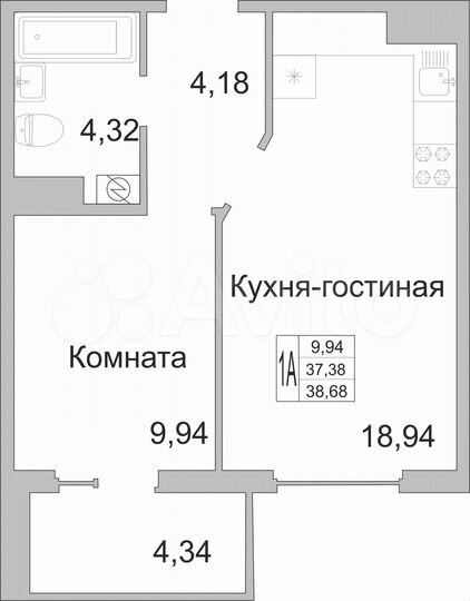 1-к. квартира, 39,2 м², 4/9 эт.