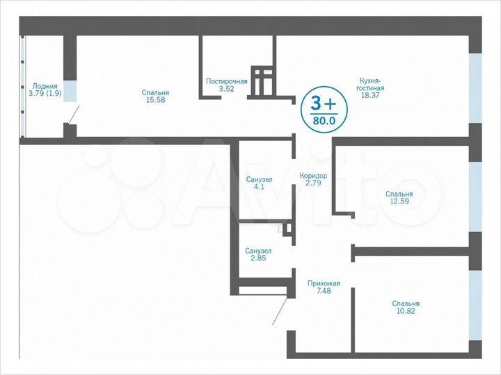 3-к. квартира, 80 м², 2/17 эт.