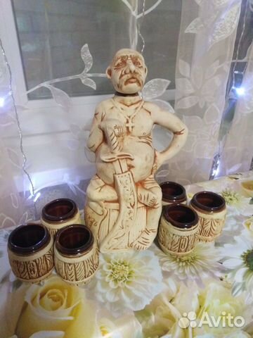 Кувшин для вина глиняный со стаканами. Новый