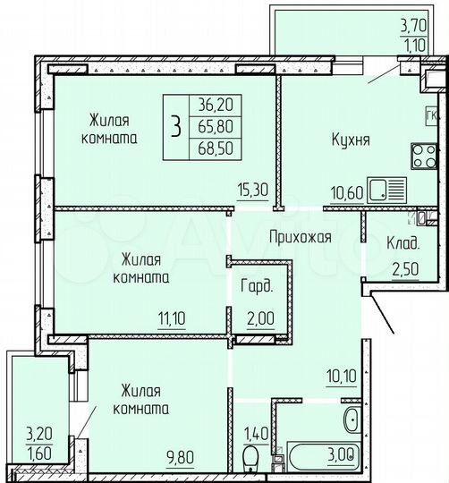 3-к. квартира, 66,2 м², 3/4 эт.