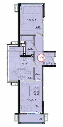 2-к. квартира, 64 м², 5/8 эт.