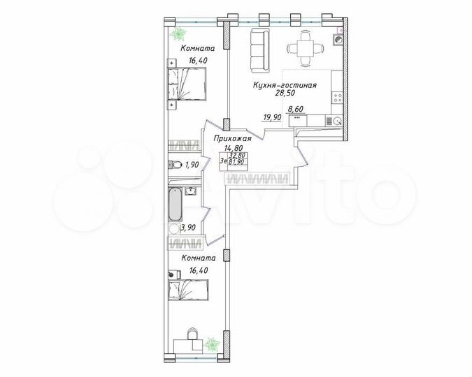 2-к. квартира, 81,9 м², 2/8 эт.