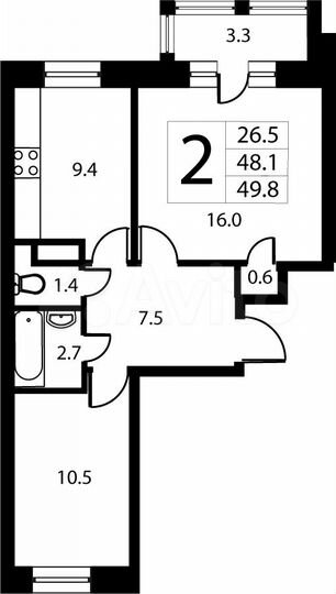 2-к. квартира, 49,8 м², 3/9 эт.