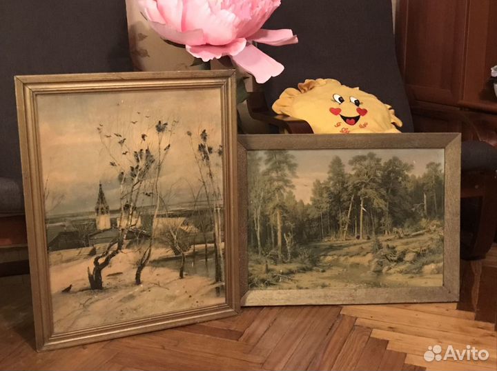 Картина-ретро,грачи прилетели, часы фосфорные