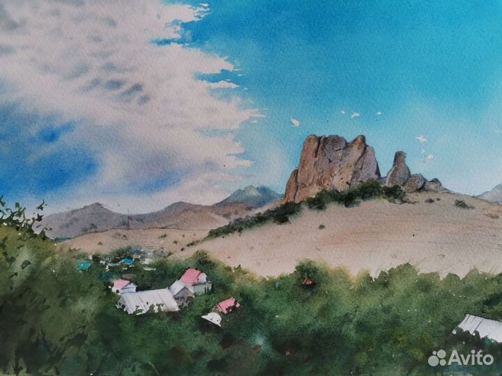 Акварель пейзаж домики под горой