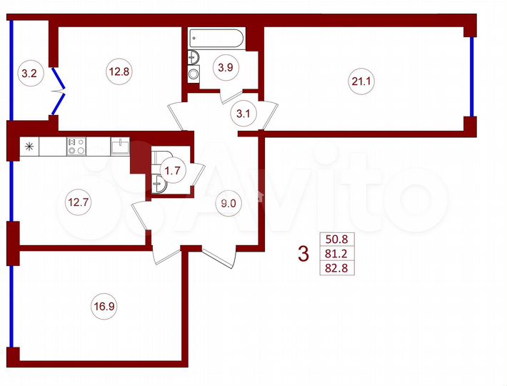 3-к. квартира, 82,8 м², 14/17 эт.