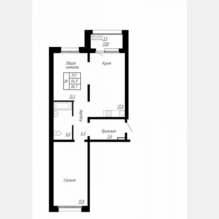2-к. квартира, 66,7 м², 1/17 эт.