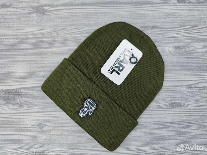 Шапка вязаная Karl lagerfeld хаки резиновый лого