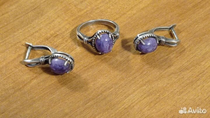 Серьги и кольцо чароит