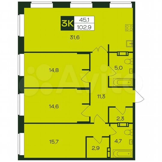 3-к. квартира, 102,9 м², 10/12 эт.