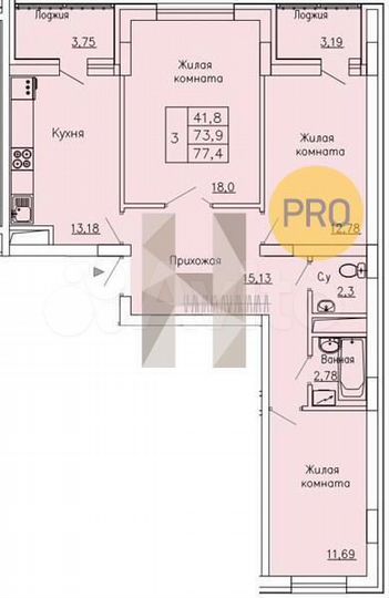 3-к. квартира, 77,4 м², 16/21 эт.