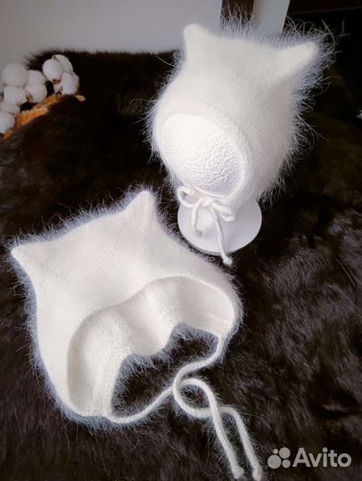 Шапка с ушками для мамы и дочки белая