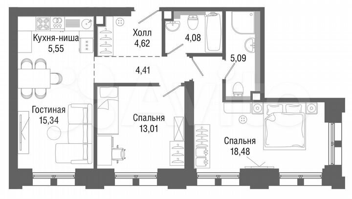 2-к. квартира, 70,4 м², 21/43 эт.
