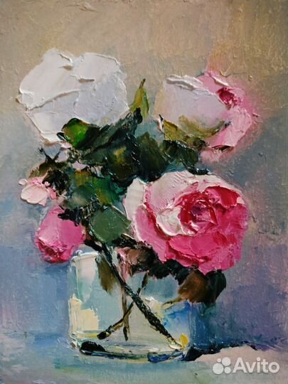 Розовые розы. Картина абстракция. Масло