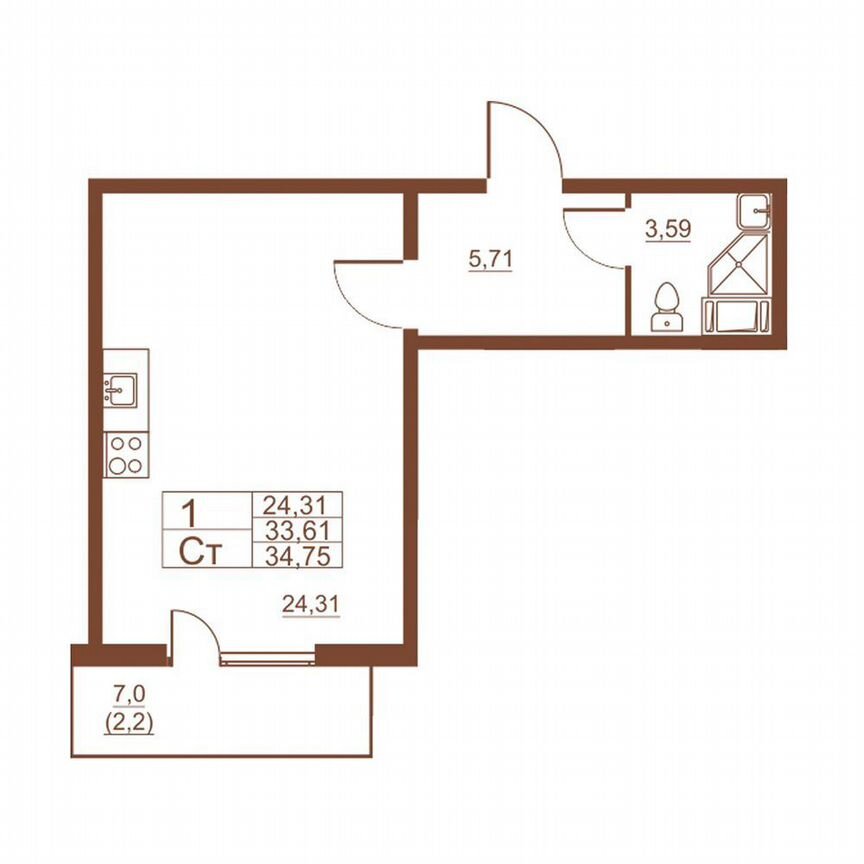 Квартира-студия, 32,3 м², 3/11 эт.