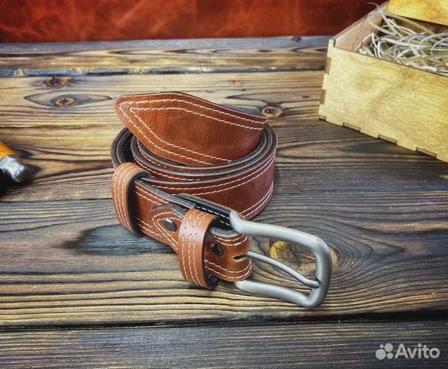 Кожаный ремень двойной / ручной работы
