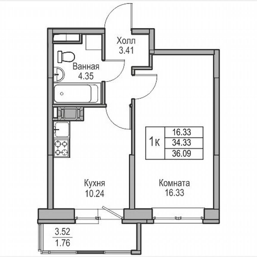 1-к. квартира, 36,1 м², 3/23 эт.