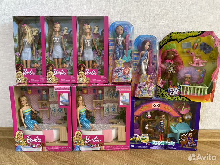 Игрушки Barbie, EnchanTimals, Winx, Cave Club